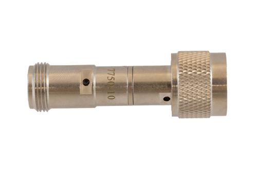 10 dB Fixed Attenuator 75 Ohm N-Type Male to 75 Ohm N-Type Female Brass Tri-Metal body rated 2 Watt DC to 4 GHz