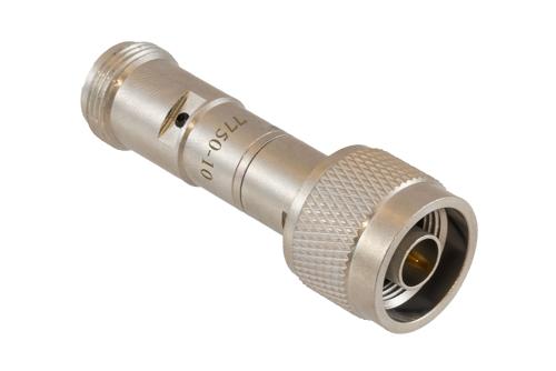 10 dB Fixed Attenuator 75 Ohm N-Type Male to 75 Ohm N-Type Female Brass Tri-Metal body rated 2 Watt DC to 4 GHz
