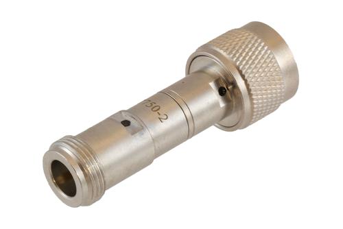 2 dB Fixed Attenuator 75 Ohm N-Type Male to 75 Ohm N-Type Female Brass Tri-Metal body rated 2 Watt DC to 4 GHz
