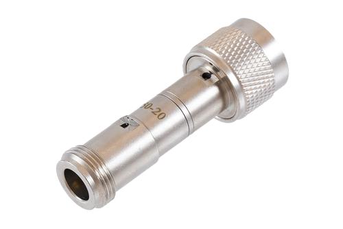 20 dB Fixed Attenuator 75 Ohm N-Type Male to 75 Ohm N-Type Female Brass Tri-Metal body rated 2 Watt DC to 4 GHz