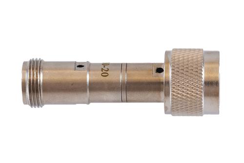 20 dB Fixed Attenuator 75 Ohm N-Type Male to 75 Ohm N-Type Female Brass Tri-Metal body rated 2 Watt DC to 4 GHz