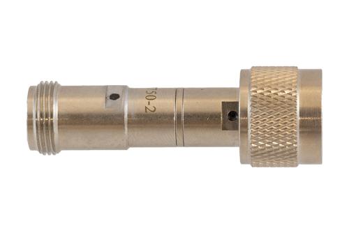 2 dB Fixed Attenuator 75 Ohm N-Type Male to 75 Ohm N-Type Female Brass Tri-Metal body rated 2 Watt DC to 4 GHz