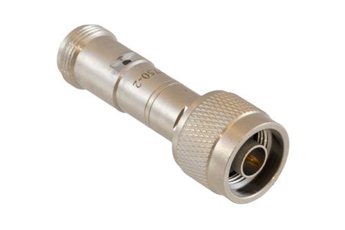 2 dB Fixed Attenuator 75 Ohm N-Type Male to 75 Ohm N-Type Female Brass Tri-Metal body rated 2 Watt DC to 4 GHz