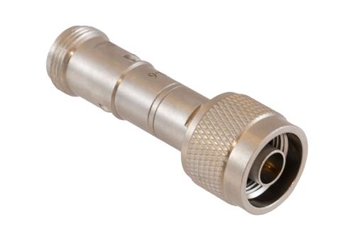 6 dB Fixed Attenuator 75 Ohm N-Type Male to 75 Ohm N-Type Female Brass Tri-Metal body rated 2 Watt DC to 4 GHz