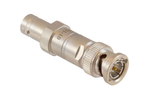 10 dB Fixed Attenuator 75 Ohm BNC Male to 75 Ohm BNC Female Brass Tri-Metal body rated 1 Watt DC to 1 GHz