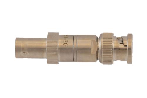 20 dB Fixed Attenuator 75 Ohm BNC Male to 75 Ohm BNC Female Brass Tri-Metal body rated 1 Watt DC to 1 GHz