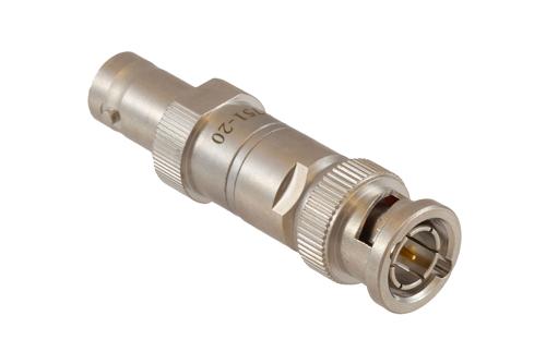 20 dB Fixed Attenuator 75 Ohm BNC Male to 75 Ohm BNC Female Brass Tri-Metal body rated 1 Watt DC to 1 GHz