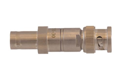 30 dB Fixed Attenuator 75 Ohm BNC Male to 75 Ohm BNC Female Brass Tri-Metal body rated 1 Watt DC to 1 GHz