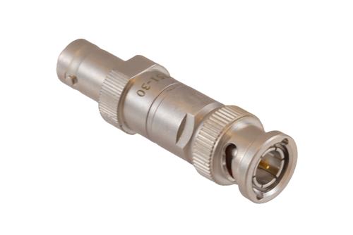 30 dB Fixed Attenuator 75 Ohm BNC Male to 75 Ohm BNC Female Brass Tri-Metal body rated 1 Watt DC to 1 GHz
