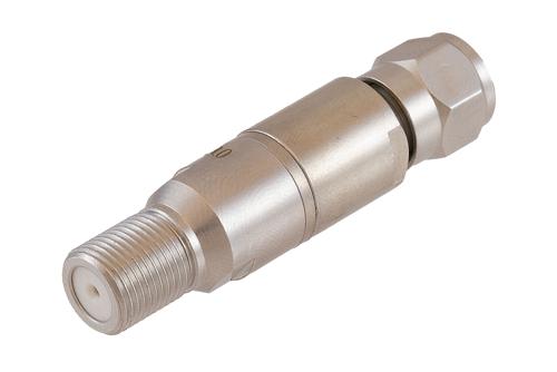 10 dB Fixed Attenuator 75 Ohm F-Type Male to 75 Ohm F-Type Female Brass Tri-Metal body rated 1 Watt DC to 1 GHz