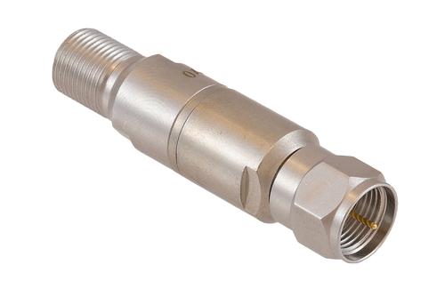 10 dB Fixed Attenuator 75 Ohm F-Type Male to 75 Ohm F-Type Female Brass Tri-Metal body rated 1 Watt DC to 1 GHz