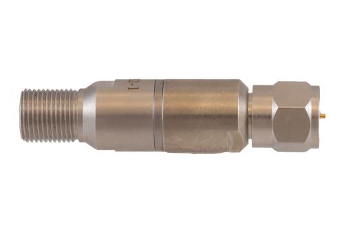 1 dB Fixed Attenuator 75 Ohm F-Type Male to 75 Ohm F-Type Female Brass Tri-Metal body rated 1 Watt DC to 1 GHz