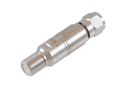 2 dB Fixed Attenuator 75 Ohm F-Type Male to 75 Ohm F-Type Female Brass Tri-Metal body rated 1 Watt DC to 1 GHz