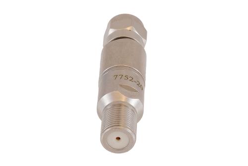 20 dB Fixed Attenuator 75 Ohm F-Type Male to 75 Ohm F-Type Female Brass Tri-Metal body rated 1 Watt DC to 1 GHz