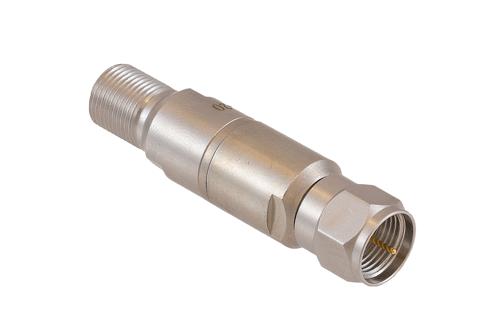 20 dB Fixed Attenuator 75 Ohm F-Type Male to 75 Ohm F-Type Female Brass Tri-Metal body rated 1 Watt DC to 1 GHz