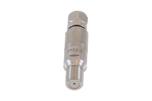 2 dB Fixed Attenuator 75 Ohm F-Type Male to 75 Ohm F-Type Female Brass Tri-Metal body rated 1 Watt DC to 1 GHz