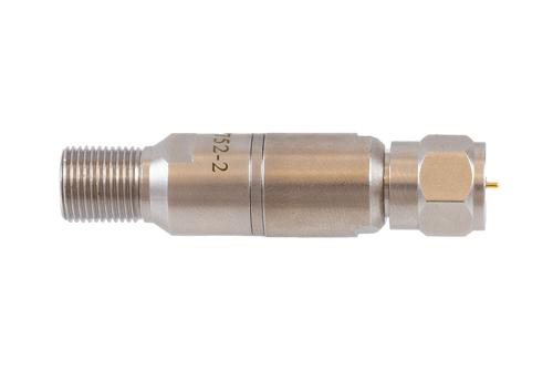 2 dB Fixed Attenuator 75 Ohm F-Type Male to 75 Ohm F-Type Female Brass Tri-Metal body rated 1 Watt DC to 1 GHz