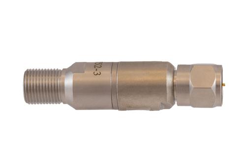 3 dB Fixed Attenuator 75 Ohm F-Type Male to 75 Ohm F-Type Female Brass Tri-Metal body rated 1 Watt DC to 1 GHz