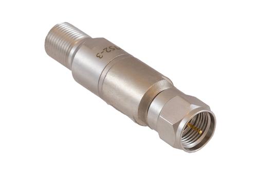 3 dB Fixed Attenuator 75 Ohm F-Type Male to 75 Ohm F-Type Female Brass Tri-Metal body rated 1 Watt DC to 1 GHz