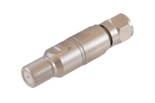 6 dB Fixed Attenuator 75 Ohm F-Type Male to 75 Ohm F-Type Female Brass Tri-Metal body rated 1 Watt DC to 1 GHz