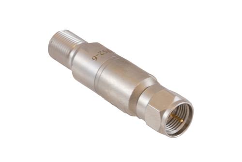 6 dB Fixed Attenuator 75 Ohm F-Type Male to 75 Ohm F-Type Female Brass Tri-Metal body rated 1 Watt DC to 1 GHz