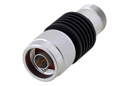 12 dB Fixed Attenuator, N Male to N Female Black Anodized Aluminum Heatsink Body Rated to 5 Watts Up to 6 GHz