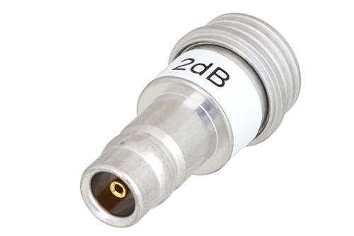 2 dB Fixed Attenuator, QN Male to QN Female Brass Tri-Metal Body Rated to 1 Watt Up to 3 GHz