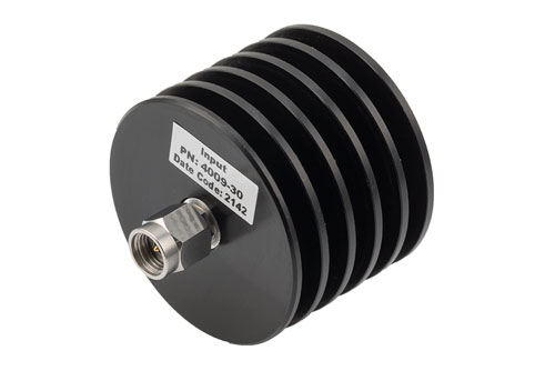 30 dB Fixed Attenuator, 2.92mm Male to 2.92mm Female Black Anodized Aluminum Heatsink Body Rated to 10 Watts Up to 40 GHz