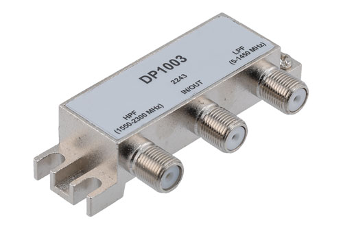 Diplexer 75 Ohm Type F Female, 5 to 1450 MHz Low Pass, 1550 to 2300 MHz High Pass