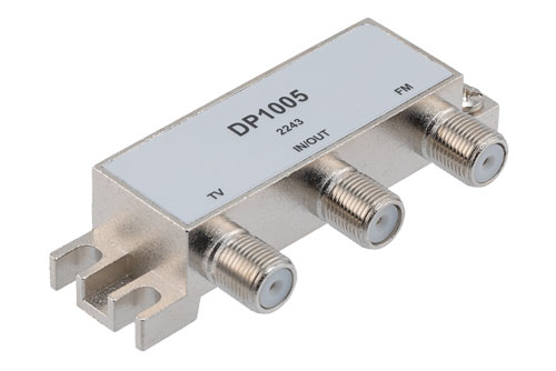 Diplexer 75 Ohm Type F Female, 5 to 68 MHz and 125 to 1000 MHz TV Band, 87 to 108 MHz FM Band