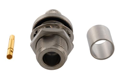 N Female Bulkhead Mount Connector Crimp/Solder Attachment for RG214, RG9, RG225, and RG393, Hole Size 0.535 X 0.640 inch