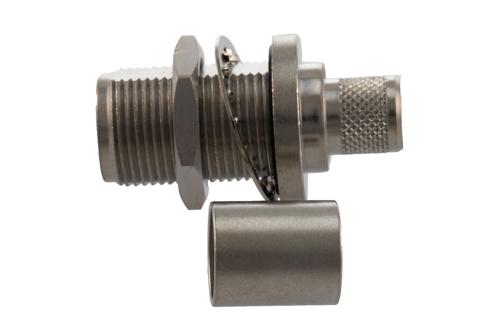 N Female Bulkhead Mount Connector Crimp/Solder Attachment for RG214, RG9, RG225, and RG393, Hole Size 0.535 X 0.640 inch