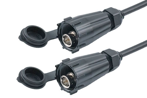 Waterproof IP68 75 Ohm BNC Male (Plug) to 75 Ohm BNC Male (Plug) Cable Using V7A00001 Coax, Black