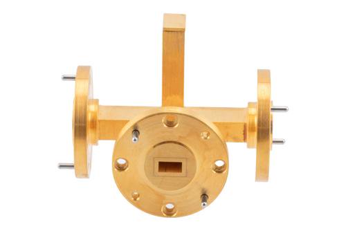 2 Way WR-22 Waveguide Power Divider UG Round Cover Flange From 36.7 GHz to 40 GHz, Brass