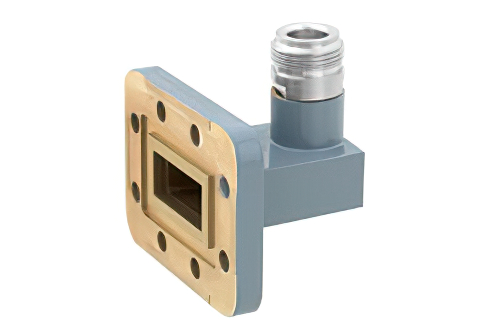 WR-90 CPR-90G Grooved Flange to Type N Female Waveguide to Coax Adapter, 8.2 GHz to 12.4 GHz, X Band, Aluminum, Paint