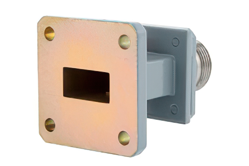 WR-62 UG-1665/U Square Cover Flange to End Launch Type N Female Waveguide to Coax Adapter, 12.4 GHz to 18 GHz, Ku Band, Aluminum, Paint