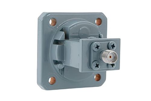 WR-75 Square Cover Flange to End Launch SMA Female Waveguide to Coax Adapter, 10 GHz to 15 GHz, M Band, Aluminum, Paint