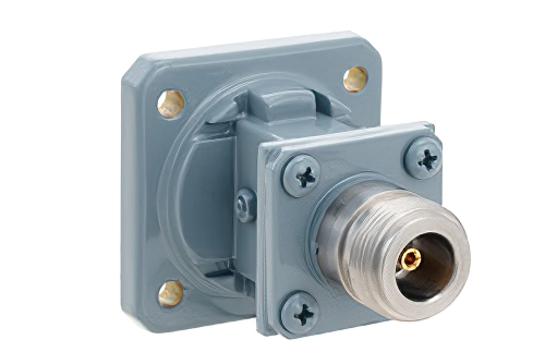 WR-75 Square Cover Flange to End Launch Type N Female Waveguide to Coax Adapter, 10 GHz to 15 GHz, M Band, Aluminum, Paint