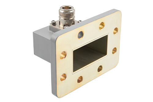 WR-187 UDR48 Flange to N Female Waveguide to Coax Adapter Operating from 3.94 GHz to 5.99 GHz in Aluminum
