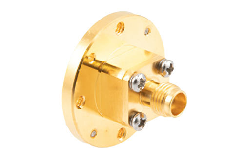 WR-22 UG383/U Flange to End Launch 2.4mm Female Waveguide to Coax Adapter Operating from 33 GHz to 50 GHz in Brass