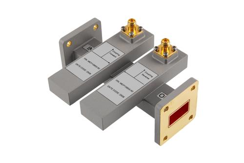 WR-75 Waveguide 50 dB Dual Directional Crossguide Coupler, UG Square Flange, SMA Female Coupling Ports, 9.84 GHz to 15 GHz, Brass