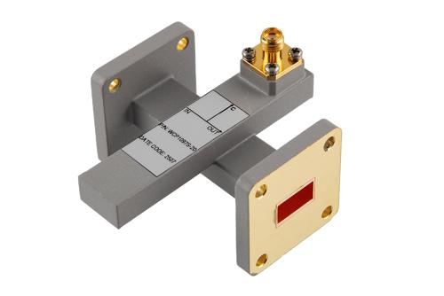 WR-51 Waveguide 20 dB Crossguide Coupler, UG Square Flange, SMA Female Coupling Port, 16 GHz to 17.5 GHz, Brass