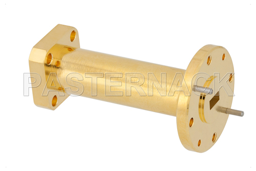 WR-22 to WR-28 Waveguide Transition 2 Inch Length With UG-383/U Round Cover Flange to UG-599/U Square Cover Flange