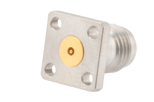 2.4mm Female Field Replaceable Connector 4 Hole Flange Mount 0.009 inch Pin, .250 inch Hole Spacing with Metal Contact Ring