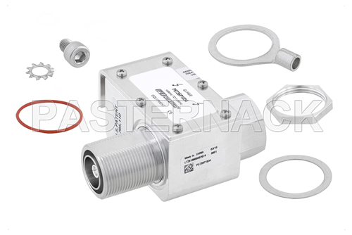 7/16 M/F In/Out Coax RF Surge Protector 100MHz - 512MHz DC Block 750W IP67 .5uJ 20kA Filter Low PIM -155 dBc Bracket Toward Body