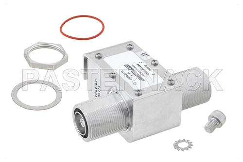 7/16 F/F In/Out Coax RF Surge Protector 100MHz - 512MHz DC Block 750W IP67 .5uJ 20kA Filter BiDirect Bracket Toward Body