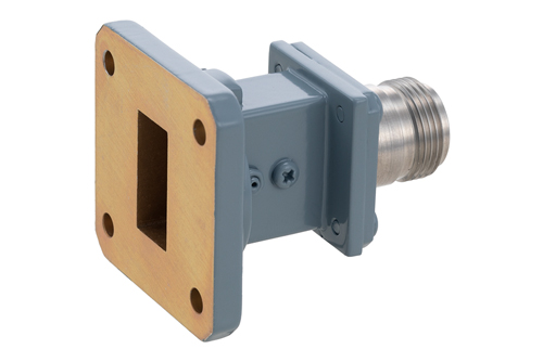 WR-75 Square Cover Flange to End Launch Type N Female Waveguide to Coax Adapter, 10 GHz to 15 GHz, M Band, Aluminum, Paint