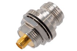 PE1350 - Hermetically Sealed N Female to SMA Female Bulkhead Mount Adapter, 11GHz VSWR1.35, MIL-STD 348B