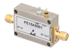 PE15A8001 - 14 dBm P1dB, 10 MHz to 6 GHz, Gain Block Amplifier, 14.5 dB Gain, 26 dBm IP3, 4.5 dB NF, SMA