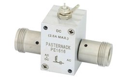 PE1616 - 10 MHz to 6 GHz N Bias Tee Rated to 2500 mA and 100 Volts DC